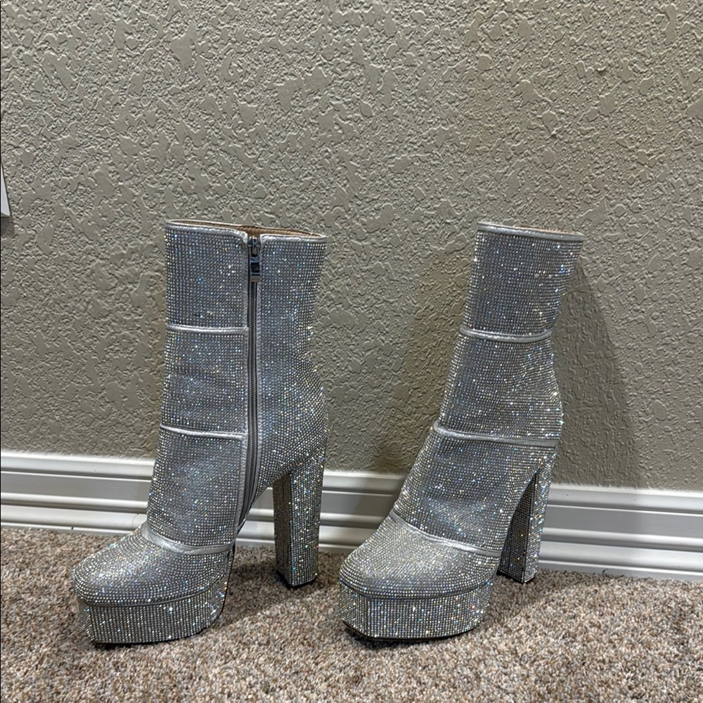 Silver Sparkly Heeled Boots with Chunky Platform